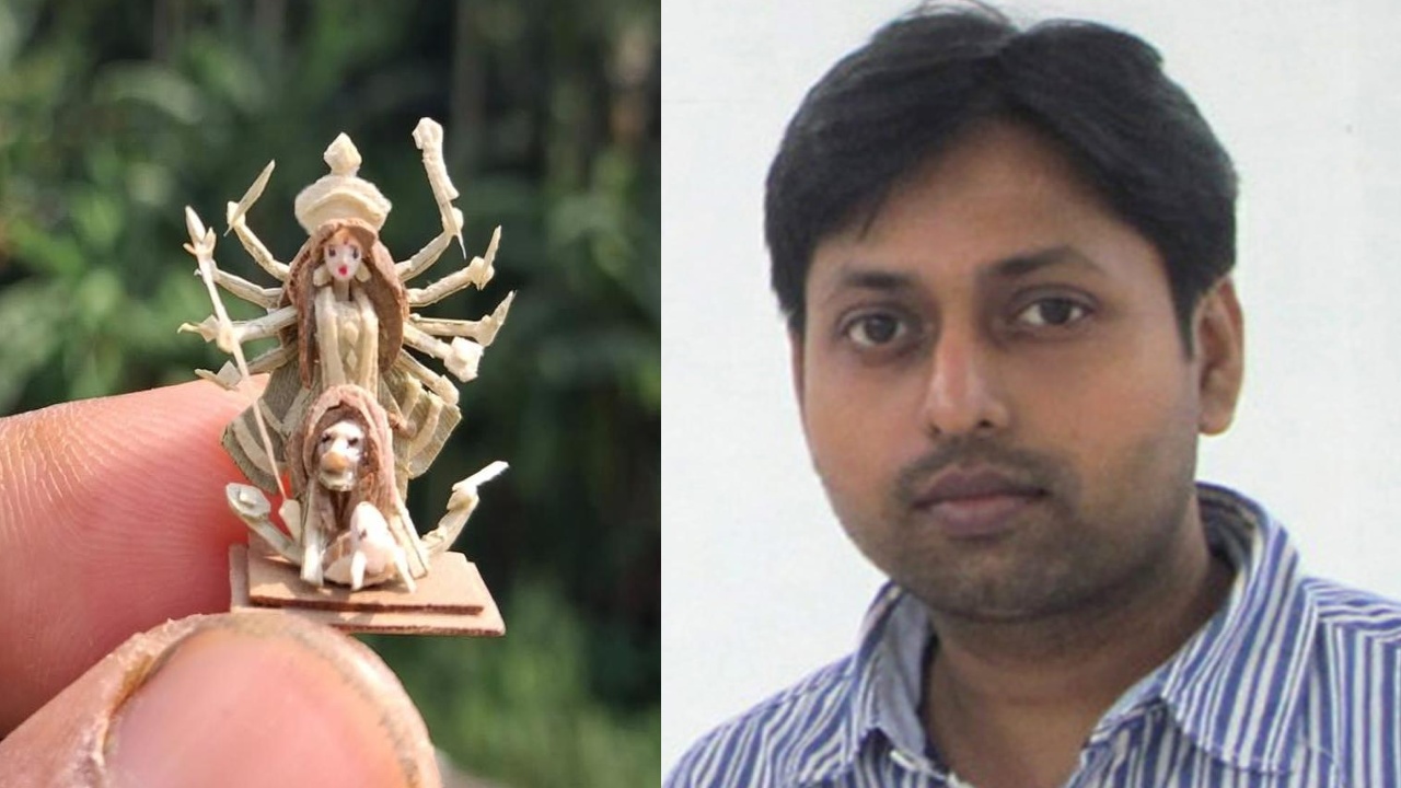 তালপাতার আঁশে নিখুঁত কারিকুরি, তাক লাগাচ্ছে শান্তিনিগরের দেবপ্রসাদের তৈরি ২ সেন্টিমিটারের দুর্গা মূর্তি 